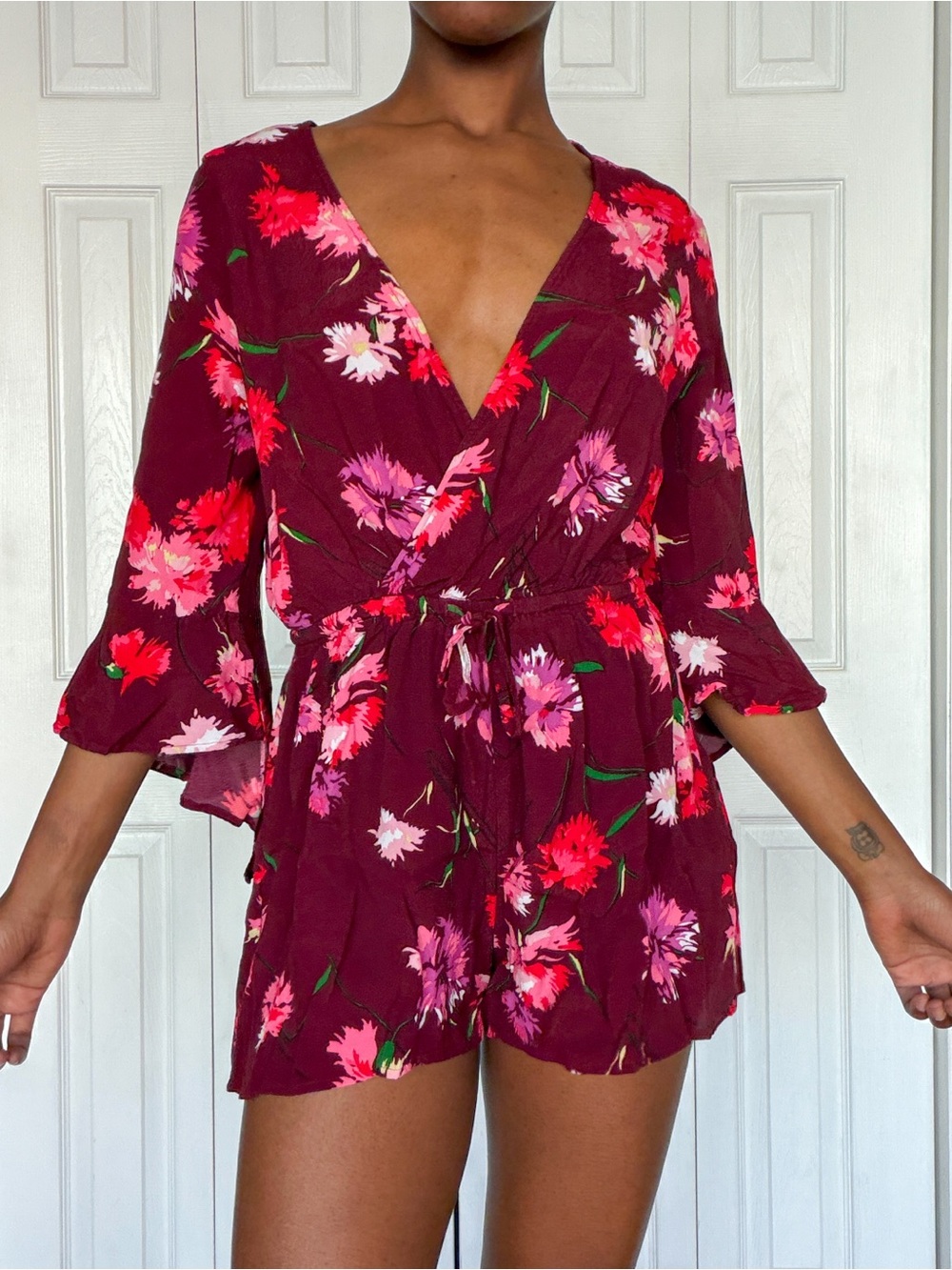 Express Burgundy Floral Wrap Romper